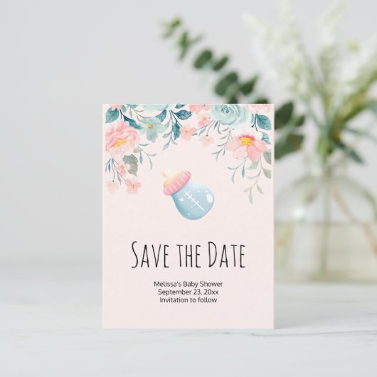 Blauw en roze Baby flesje Baby shower Opslaan Datu Uitnodiging Briefkaart (Staand voorkant)