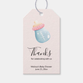 Blauw en roze Baby flesje goed bedankt Cadeaulabel