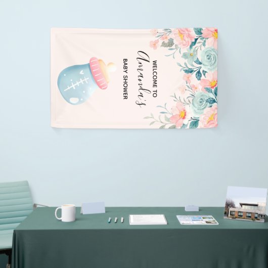 Blauw- en roze Baby flesje Kute Baby shower Spandoek (Beurs)