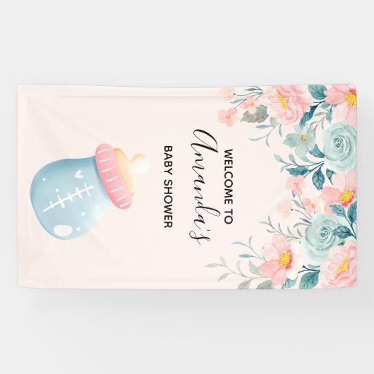 Blauw- en roze Baby flesje Kute Baby shower Spandoek (Horizontaal)