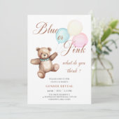 Blauw en Roze Ballon Beer Baby Geslacht onthullen Kaart (Staand voorkant)