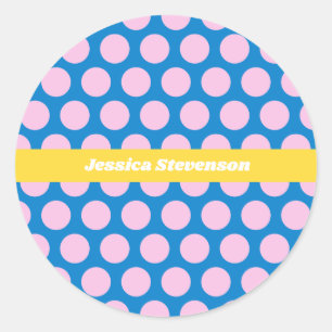 Blauw en roze Big Polka Dot Pattern gepersonalisee Ronde Sticker