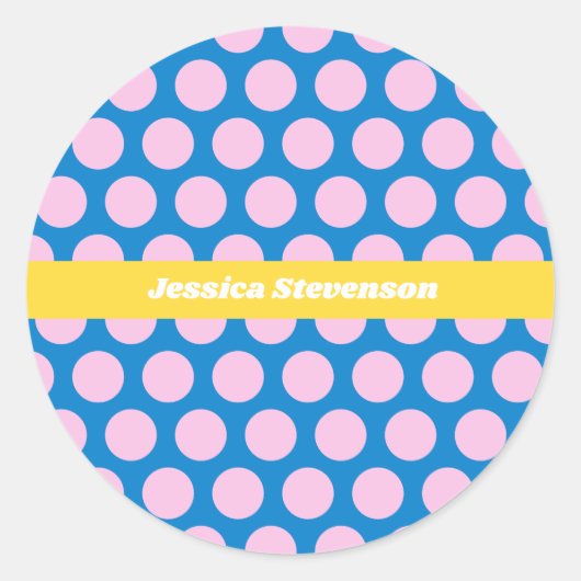 Blauw en roze Big Polka Dot Pattern gepersonalisee Ronde Sticker (Voorkant)