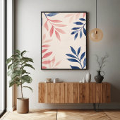 Blauw en roze bladeren patroon op pastel roze poster
