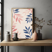 Blauw en roze bladeren patroon op pastel roze poster