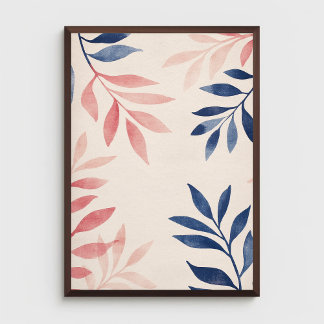 Blauw en roze bladeren patroon op pastel roze poster