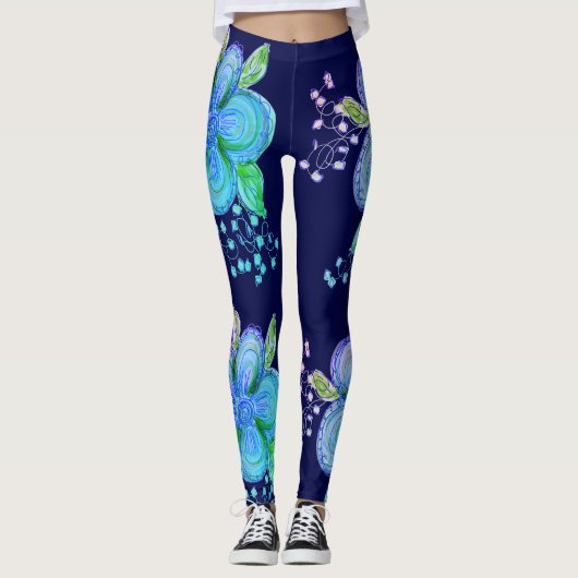 Blauw en roze bloeiende yoga broek leggings (Voorkant)