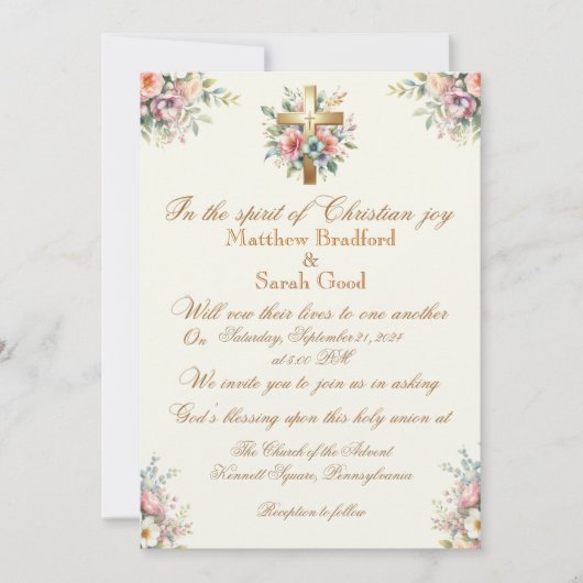 Blauw en Roze Bloem Gouden Kruis Bruiloft Uitnodig Kaart (Voorkant)