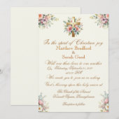 Blauw en Roze Bloem Gouden Kruis Bruiloft Uitnodig Kaart (Voorkant / Achterkant)