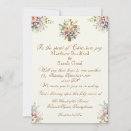 Blauw en Roze Bloem Gouden Kruis Bruiloft Uitnodig Kaart