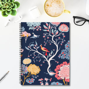 Blauw en Roze Bloem Motief met Vogels Notitieboek
