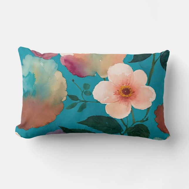 Blauw en roze bloemen abstract kussen (Voorkant)