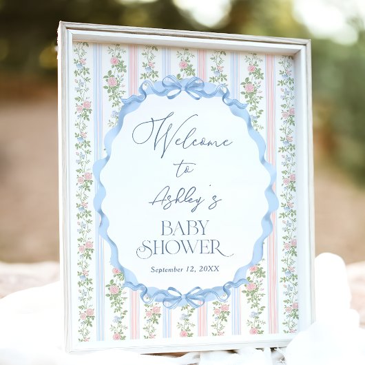 Blauw en Roze Bloemen Baby shower Welkom Poster