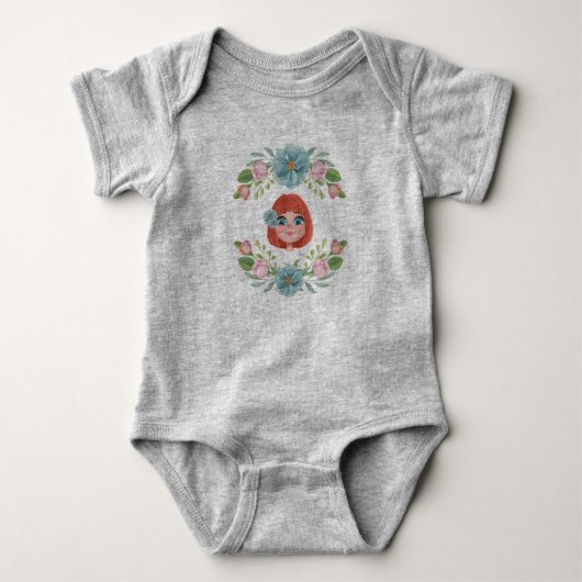 Blauw en roze bloemen, babymeisje grijs aangepast romper (Voorkant)