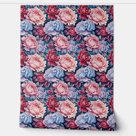 Blauw en roze bloemen behang