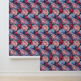Blauw en roze bloemen behang