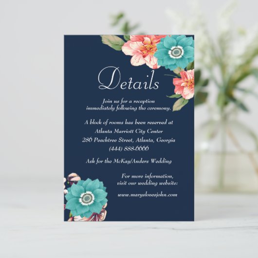 Blauw en roze bloemen botanische bruiloft details informatiekaartje (Staand voorkant)