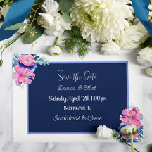 Blauw en Roze Bloemen Bruiloft Save the Dates