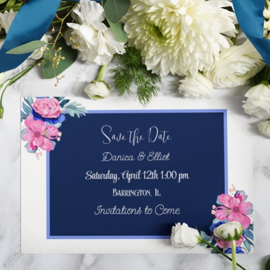 Blauw en Roze Bloemen Bruiloft Save the Dates Kaart