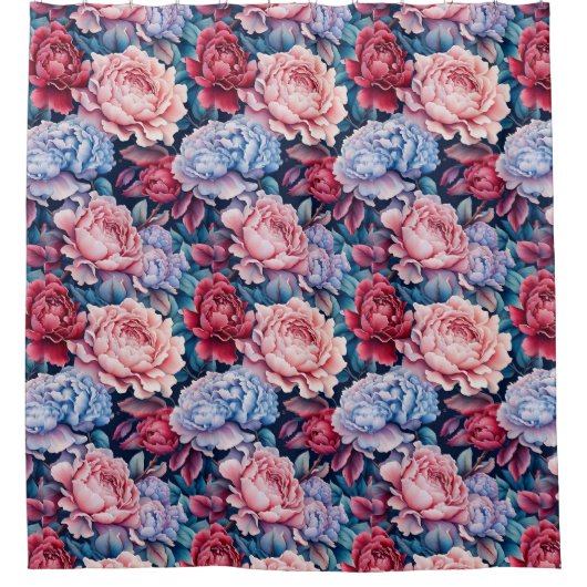 Blauw en roze bloemen douchegordijn (Voorkant)