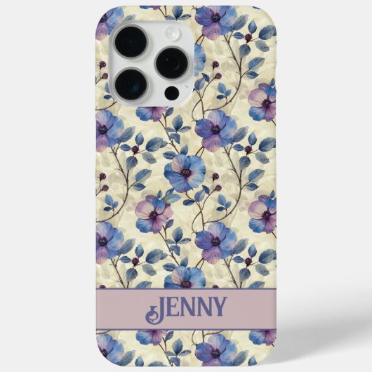 Blauw en Roze Bloemen iPhone Case Hoesje (Achterkant)