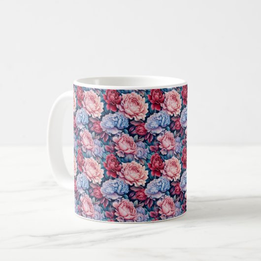 Blauw en roze bloemen koffiemok (Voorkant links)