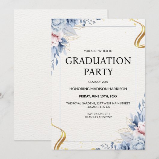 Blauw en Roze Bloemen Lijst Kaart (Voorkant / Achterkant)