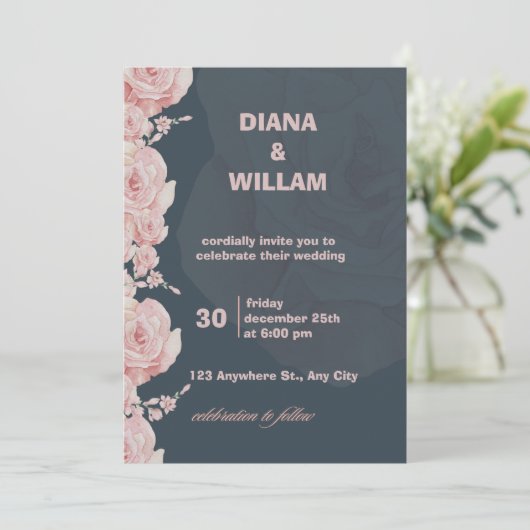 Blauw en roze bloemen minimalistische bruiloft uit kaart (Staand voorkant)