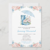 Blauw en Roze Bloemen Paraplu Baby shower Kaart (Voorkant)