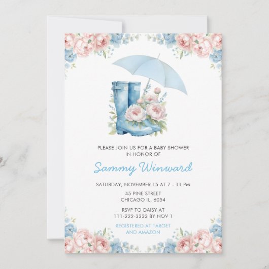 Blauw en Roze Bloemen Paraplu Baby shower Kaart (Voorkant)