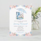 Blauw en Roze Bloemen Paraplu Baby shower Kaart (Staand voorkant)