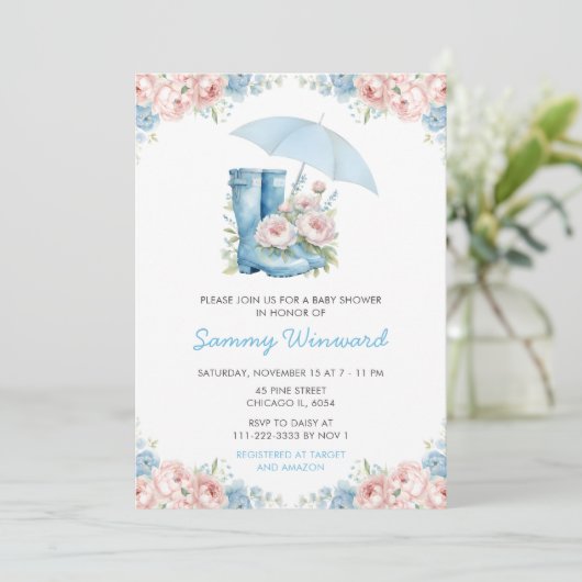 Blauw en Roze Bloemen Paraplu Baby shower Kaart (Staand voorkant)