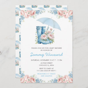 Blauw en Roze Bloemen Paraplu Baby shower Kaart