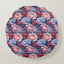 Blauw en roze bloemen rond kussen