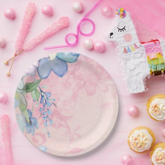 Blauw en roze bloemen uit grootmoeders tijd papieren bordje (Feest)