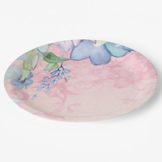 Blauw en roze bloemen uit grootmoeders tijd papieren bordje (Gekanteld)