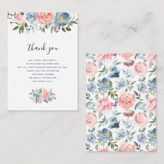 Blauw en roze bloemenkaart baby shower dank u kaar informatiekaartje (Voorkant / Achterkant)