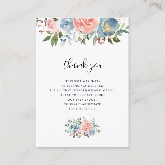 Blauw en roze bloemenkaart baby shower dank u kaar informatiekaartje (Voorkant)
