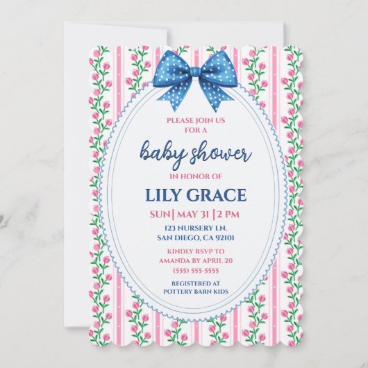 Blauw en roze bloemige babyshower uitnodiging (Voorkant)