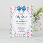 Blauw en roze bloemige babyshower uitnodiging (Staand voorkant)