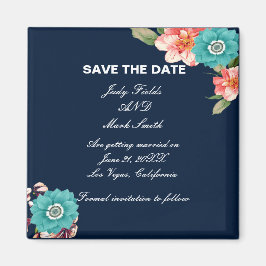 Blauw en roze bloemmotief botanische Save The Date Magneet