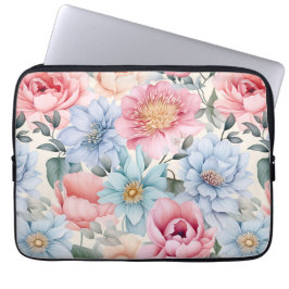 Blauw en roze bloemmotief laptop sleeve
