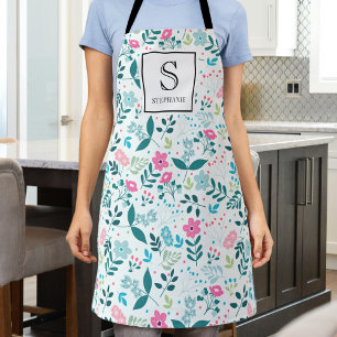 Blauw en roze bloemmotief met monogram & naam schort
