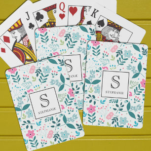 Blauw en roze bloemmotief met monogramnaam pokerkaarten