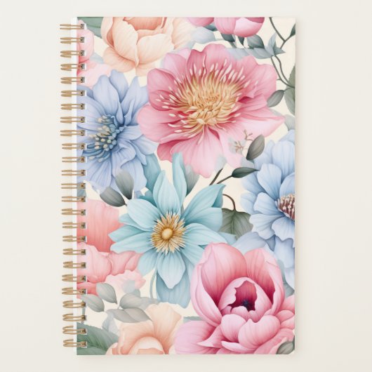 Blauw en Roze Bloemmotief Planner (Voorkant)
