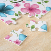 Blauw en roze bloempatroon  legpuzzel (Zijkant)