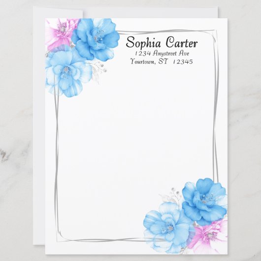 Blauw en Roze Bloemrijke Chic Briefpapier (Voorkant)