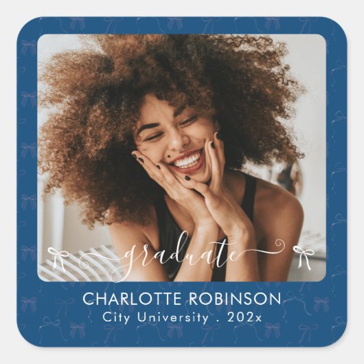 Blauw en Roze Bow Afstuderen Foto Vierkante Sticker (Voorkant)