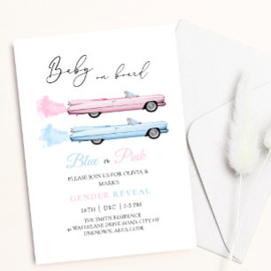 Blauw en Roze Cadillac Auto Baby Gender Reveal Kaart