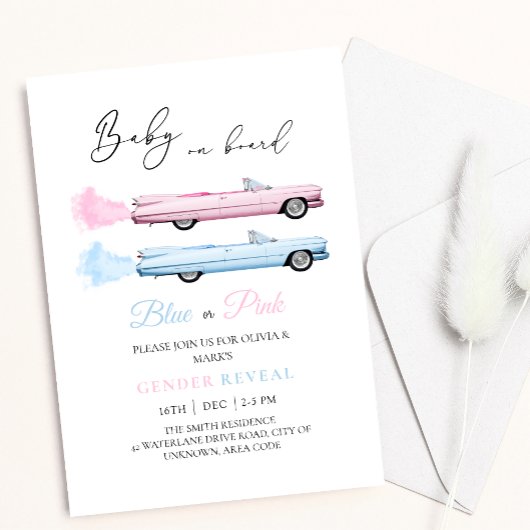Blauw en Roze Cadillac Auto Baby Gender Reveal Kaart